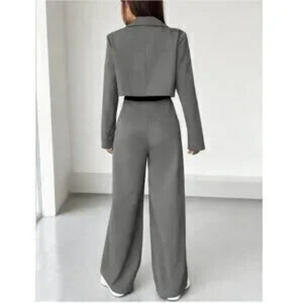 Elegant Grey Women's Blazer Jacket & Wide Leg Pants 2-Piece Set - Picture 2 of 3
